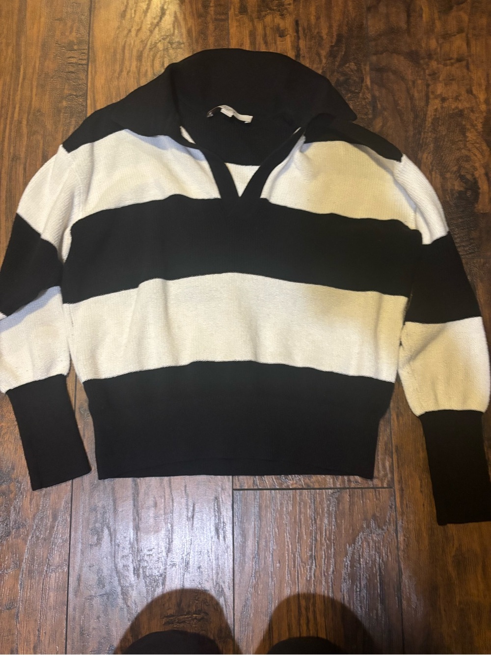 Loft Women’s Black and White Striped V-Neck Sweater